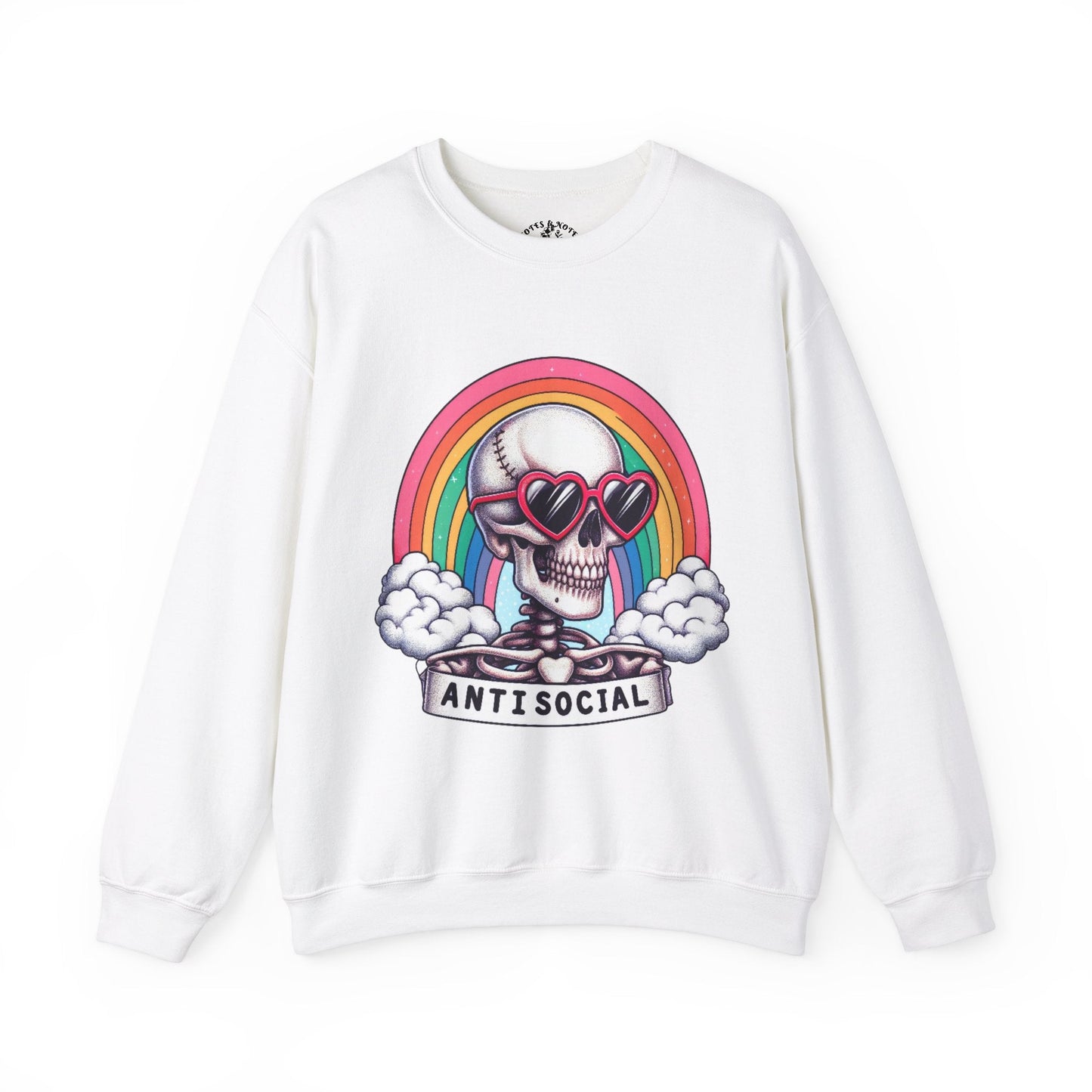 Unisex sweatshirt with sarcastic "Anti Social" design, cozy essentials hoodie with rainbow motif.