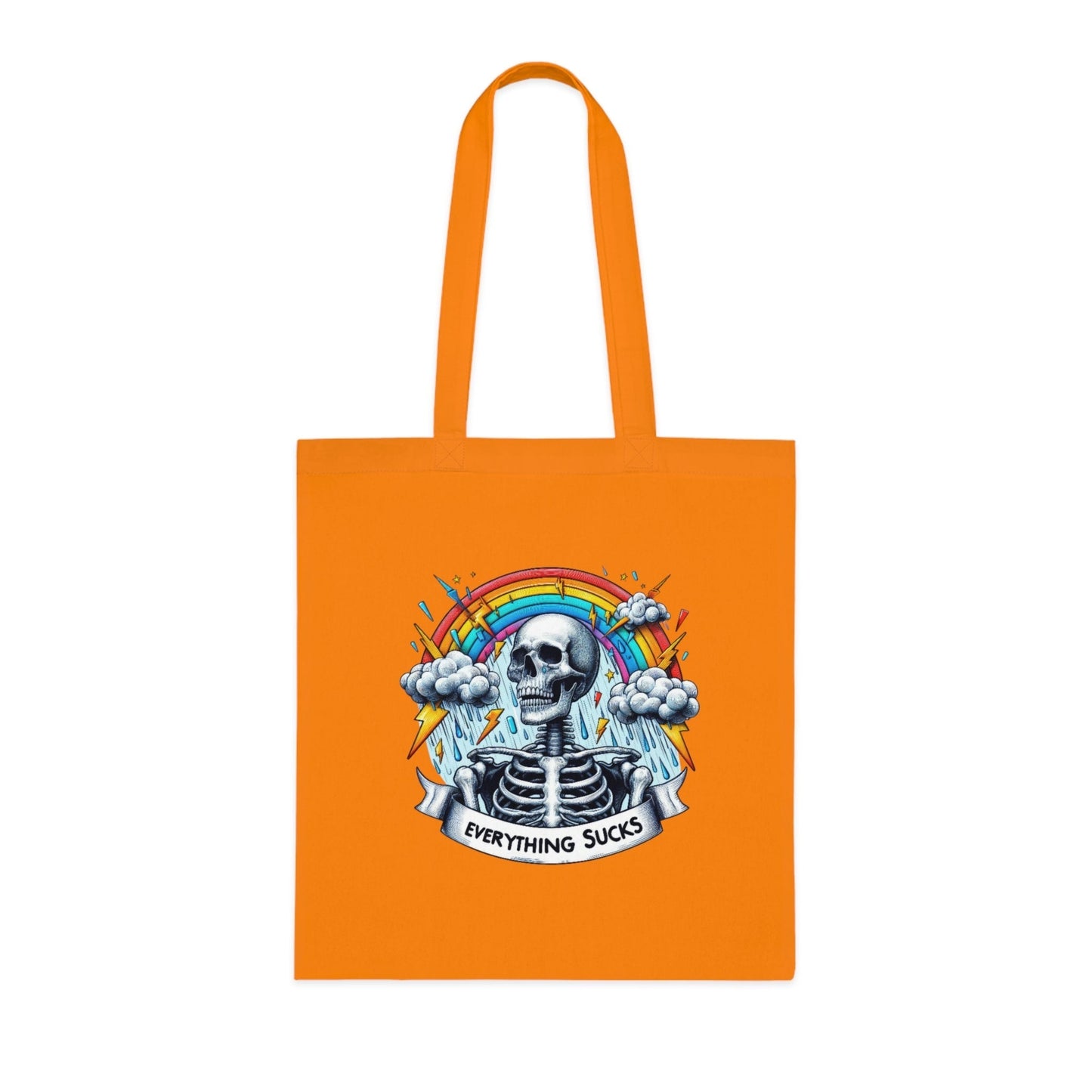 Funny quote cotton tote bag with "Everything Sucks" design, eco-friendly, reusable shopping accessory.