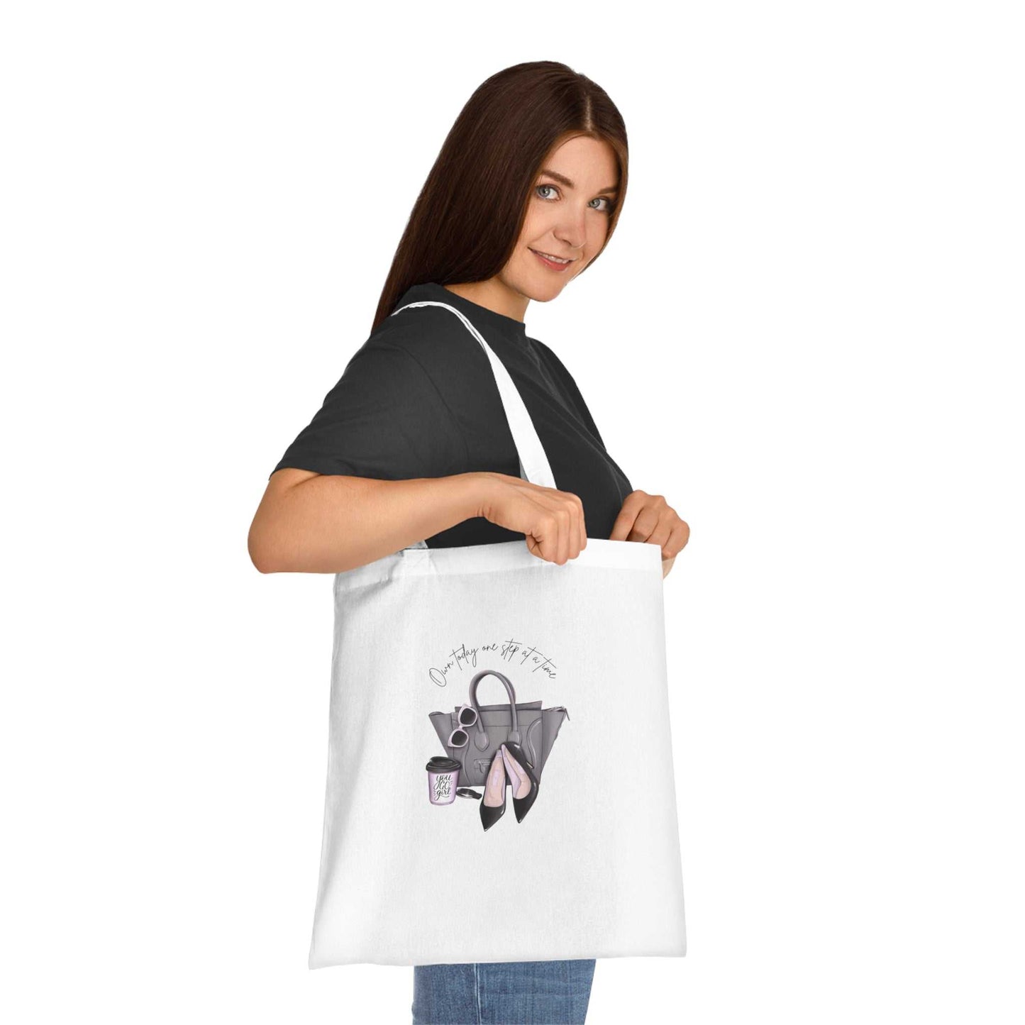 Inspirational quote cotton tote bag with handbag and high heels design, perfect for everyday wear.