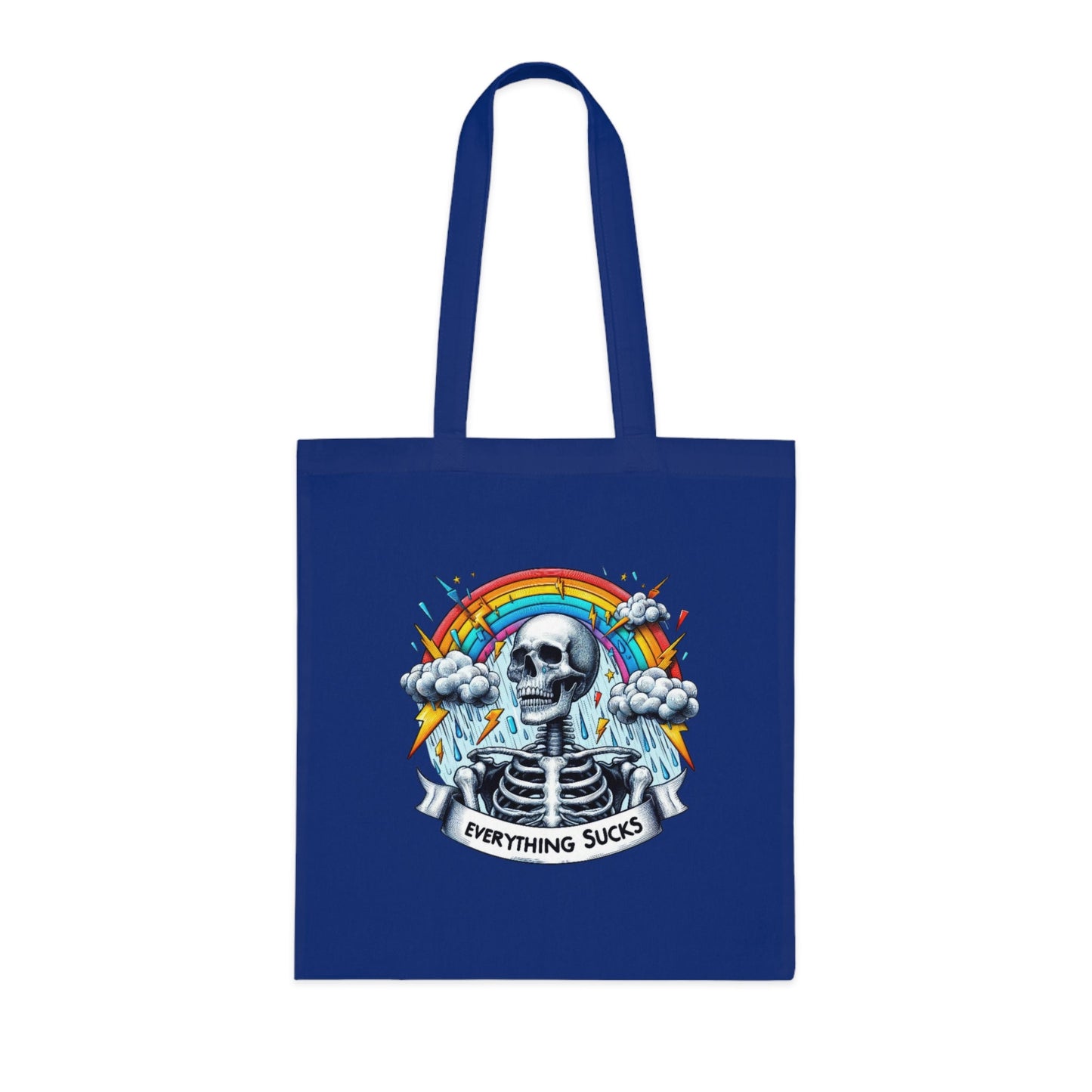 Eco-friendly cotton tote bag with 'everything sucks' slogan and skeleton print.