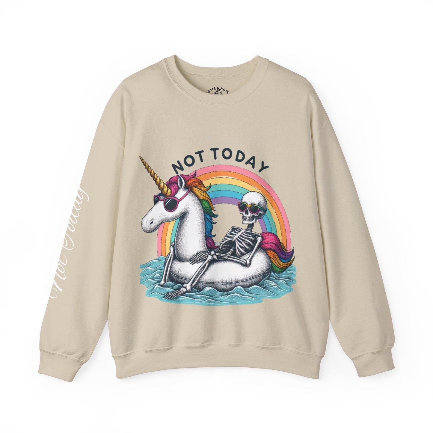 Unisex sweatshirt with skeleton and unicorn design, cozy apparel with sarcastic humor, perfect gift for any gender.