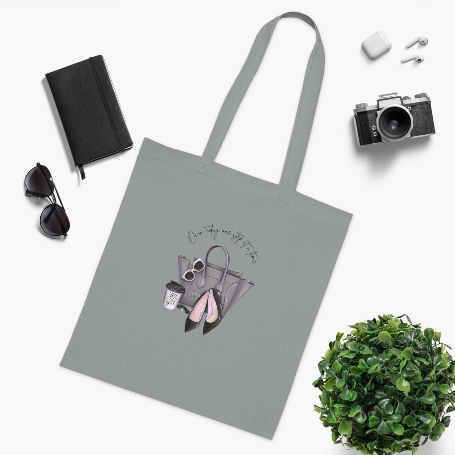 Inspirational cotton tote bag with handbag and high heels design, everyday wear accessory.