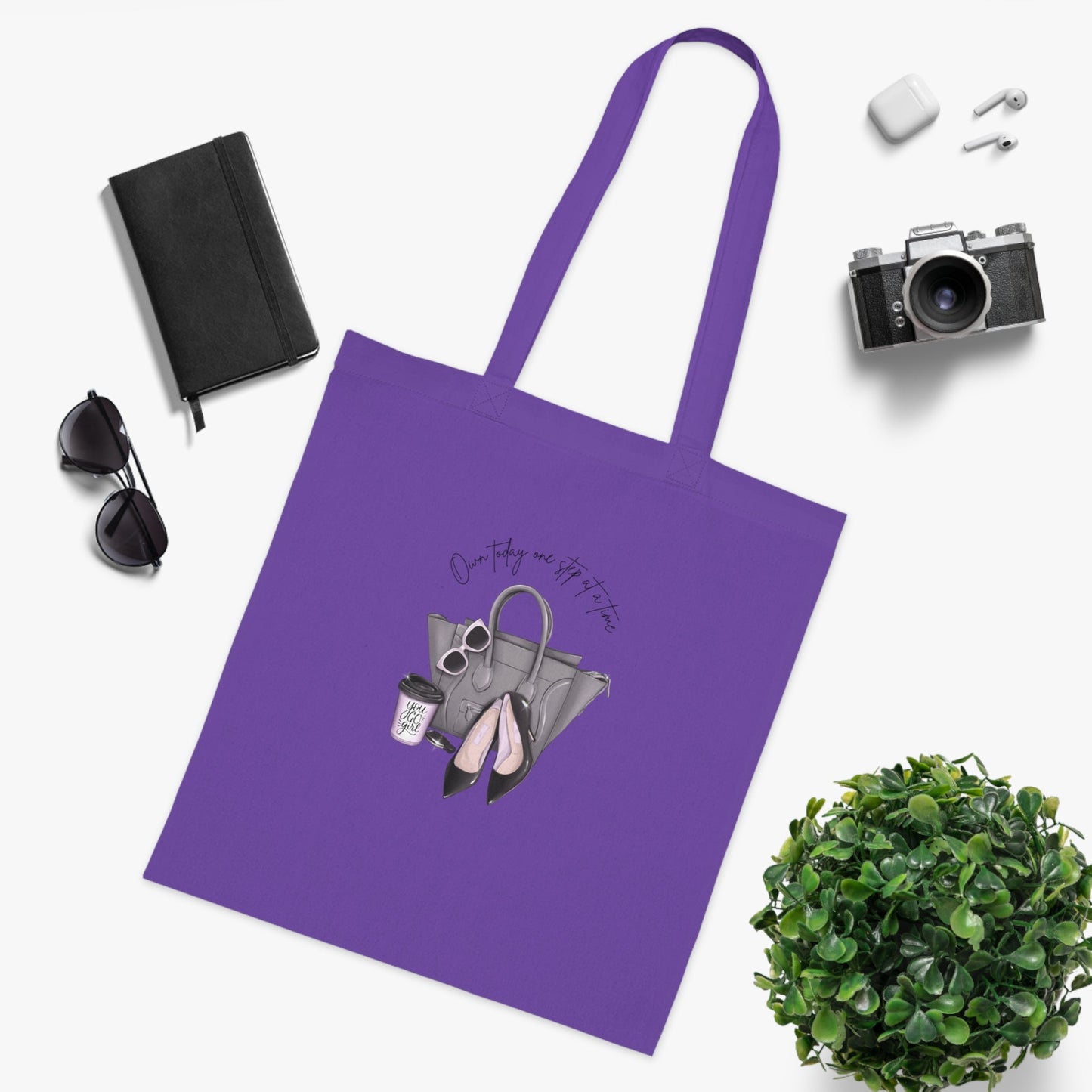 Inspirational quote cotton tote bag with handbag and high heels design, 100% cotton, durable everyday accessory.