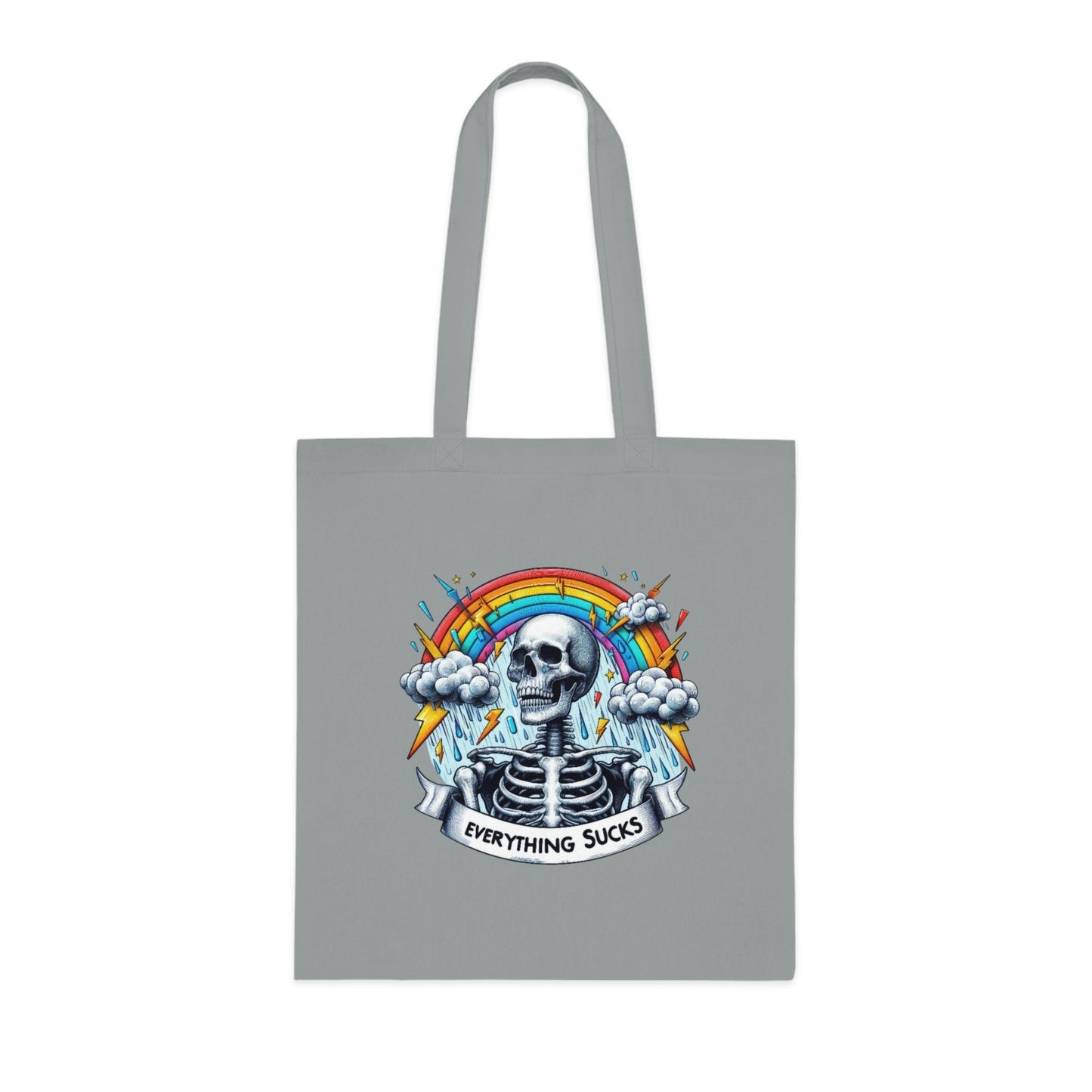 Funny quote cotton tote bag with "Everything Sucks" design, eco-friendly and reusable.