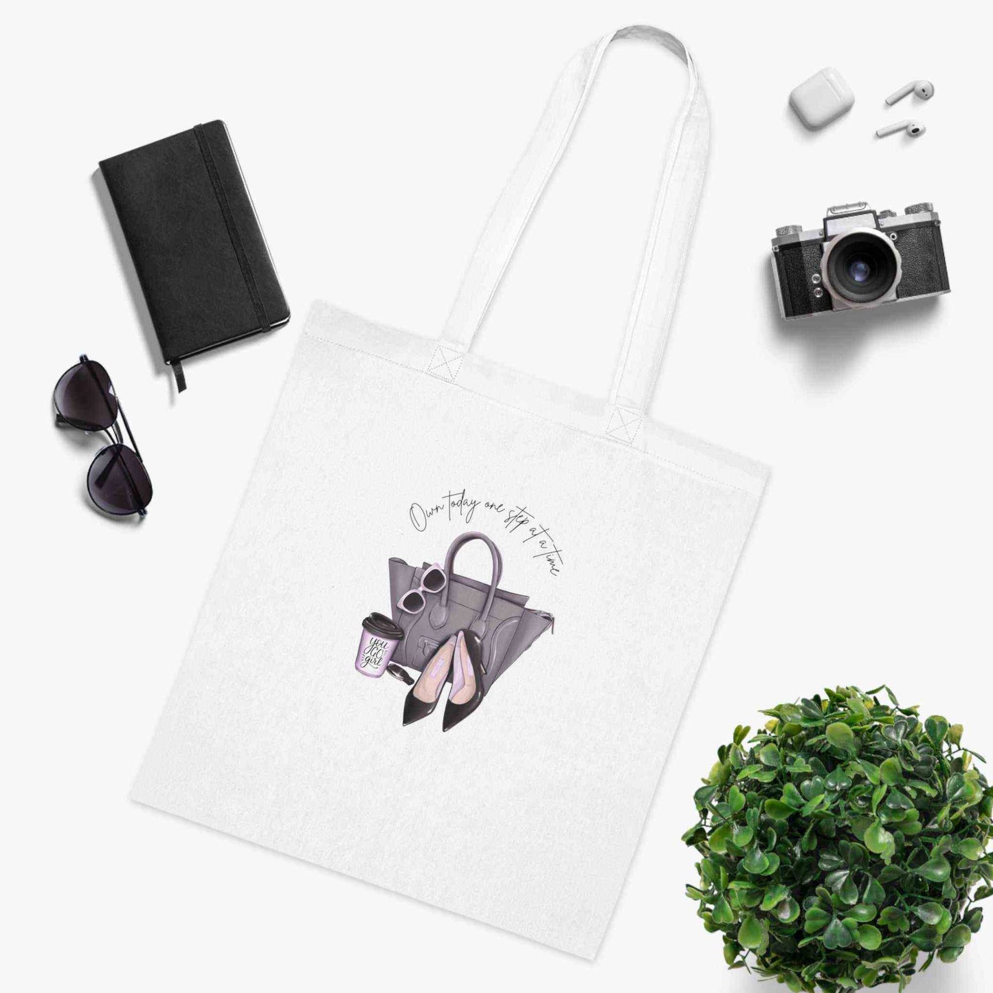 Inspirational quote cotton tote bag with handbag and high heels design, made from durable 100% cotton fabric, perfect for everyday wear.