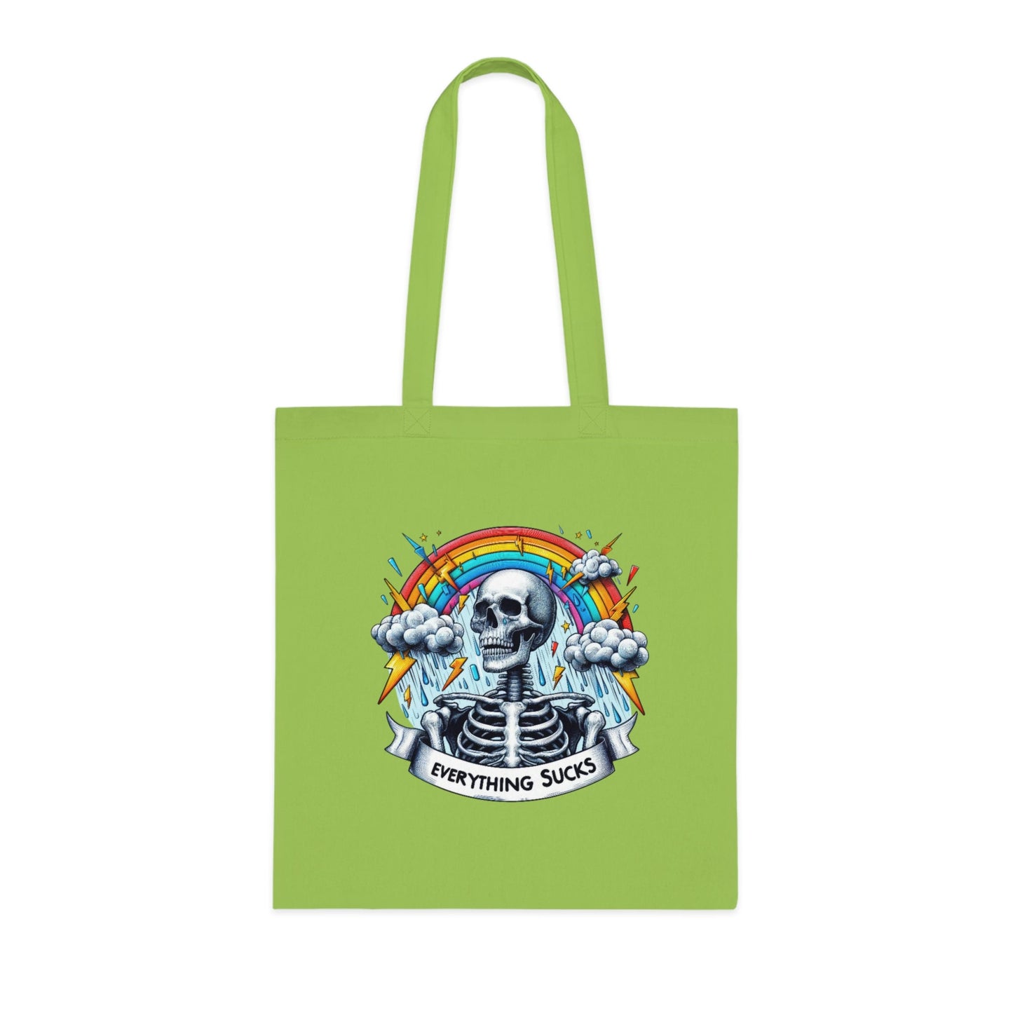 Funny quote cotton tote bag with 'everything sucks' design in green.