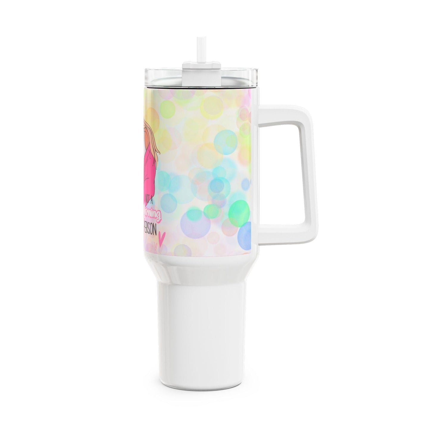 40oz vibrant hot or cold drinks tumbler with handle and clear lid.