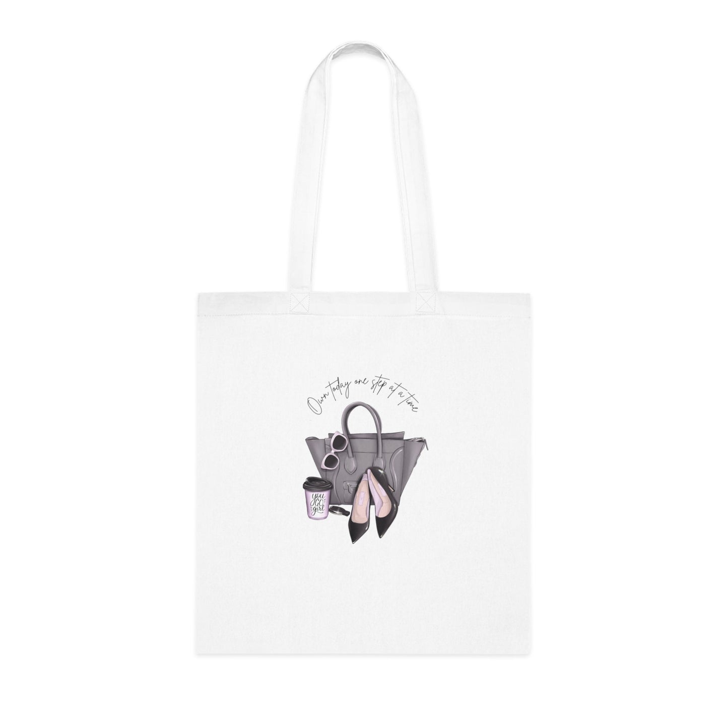 Inspirational quote cotton tote bag featuring handbag and high heels design, ideal for everyday wear.