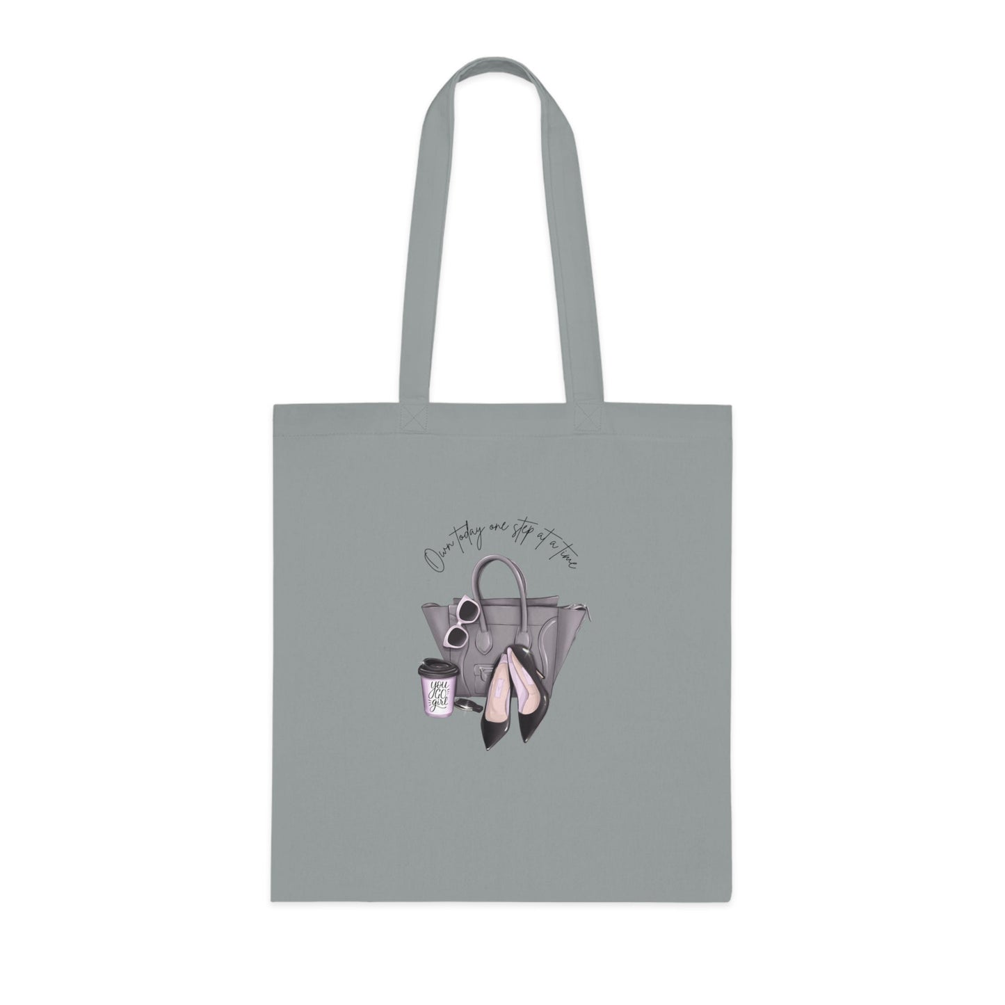 Cotton tote bag with inspirational quote, handbag and high heels design.