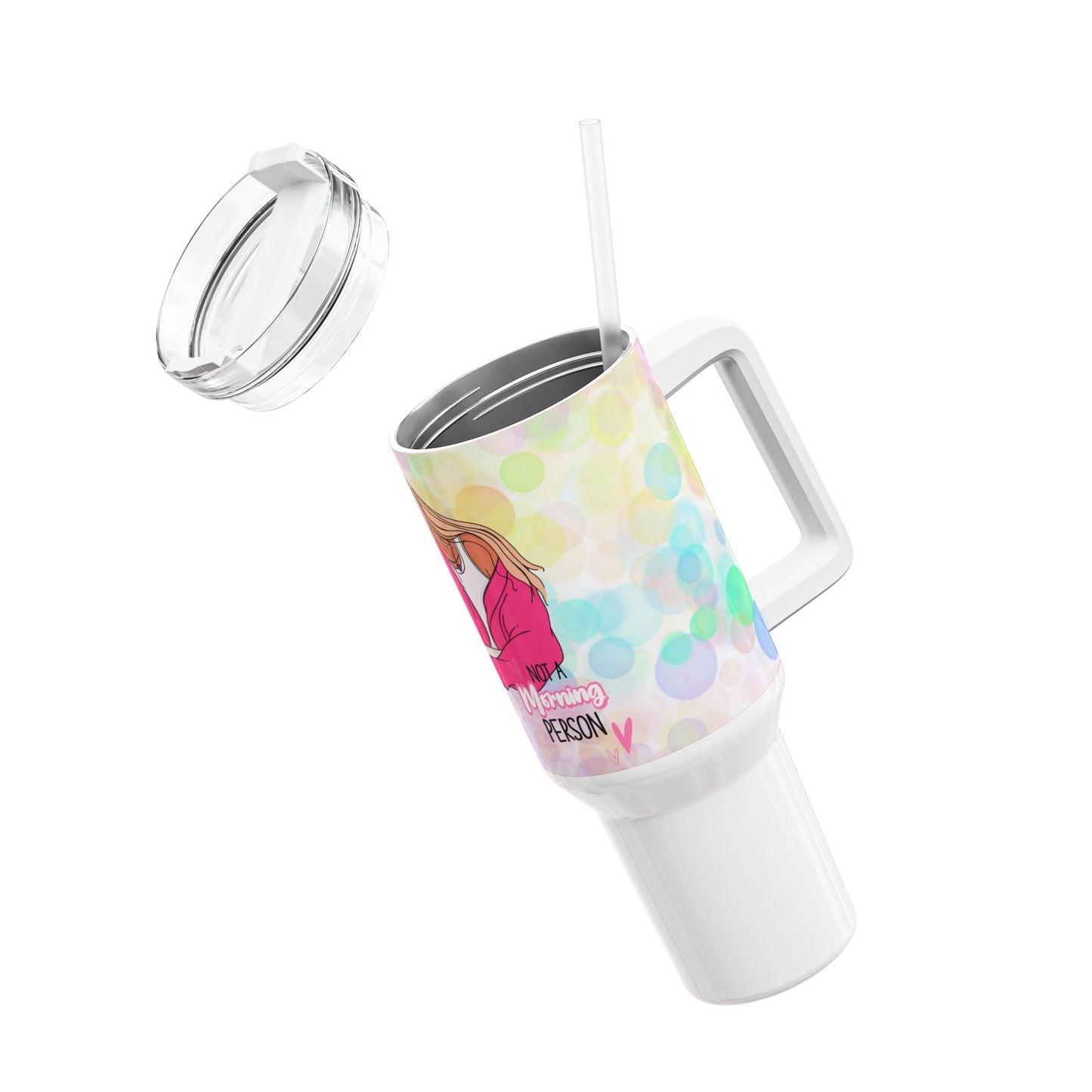 40oz hot or cold drinks tumbler with vibrant design and clear lid.