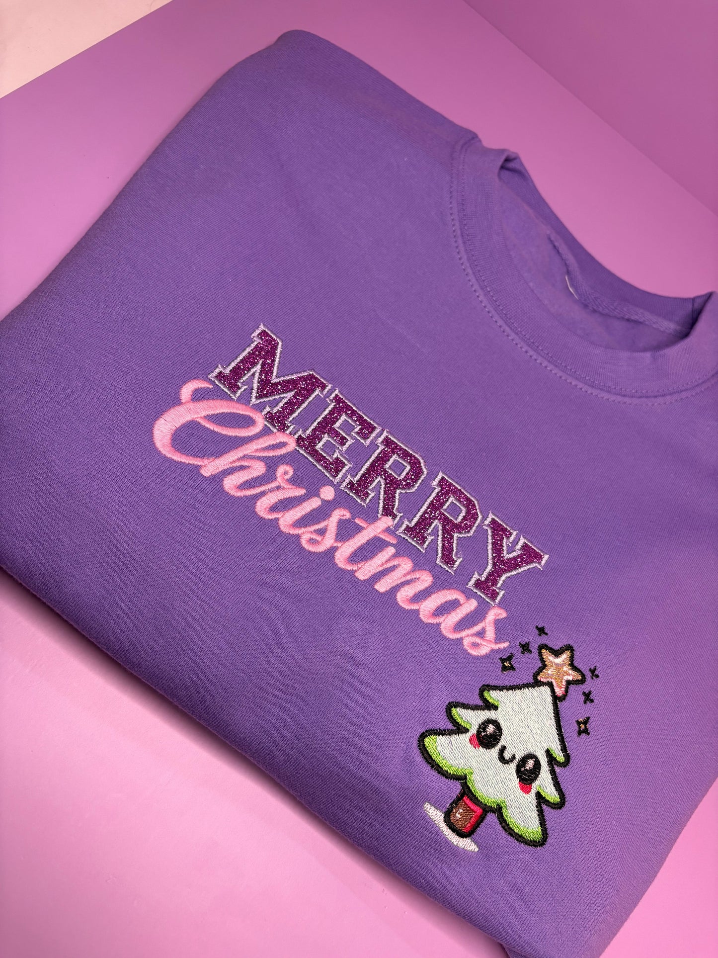 Lilac Christmas jumper with glitter kawaii Merry Christmas design and cute Christmas tree embroidery