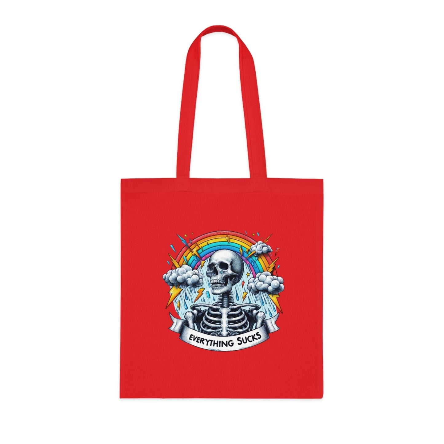 Funny quote cotton tote bag with "everything sucks" print, eco-friendly reusable shopping bag.