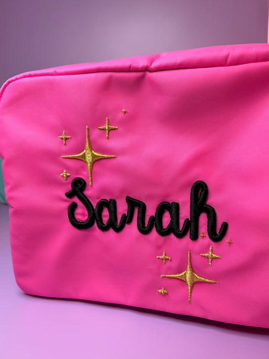 Personalised 3D puff embroidered large pink cosmetic bag with black name and gold star accents