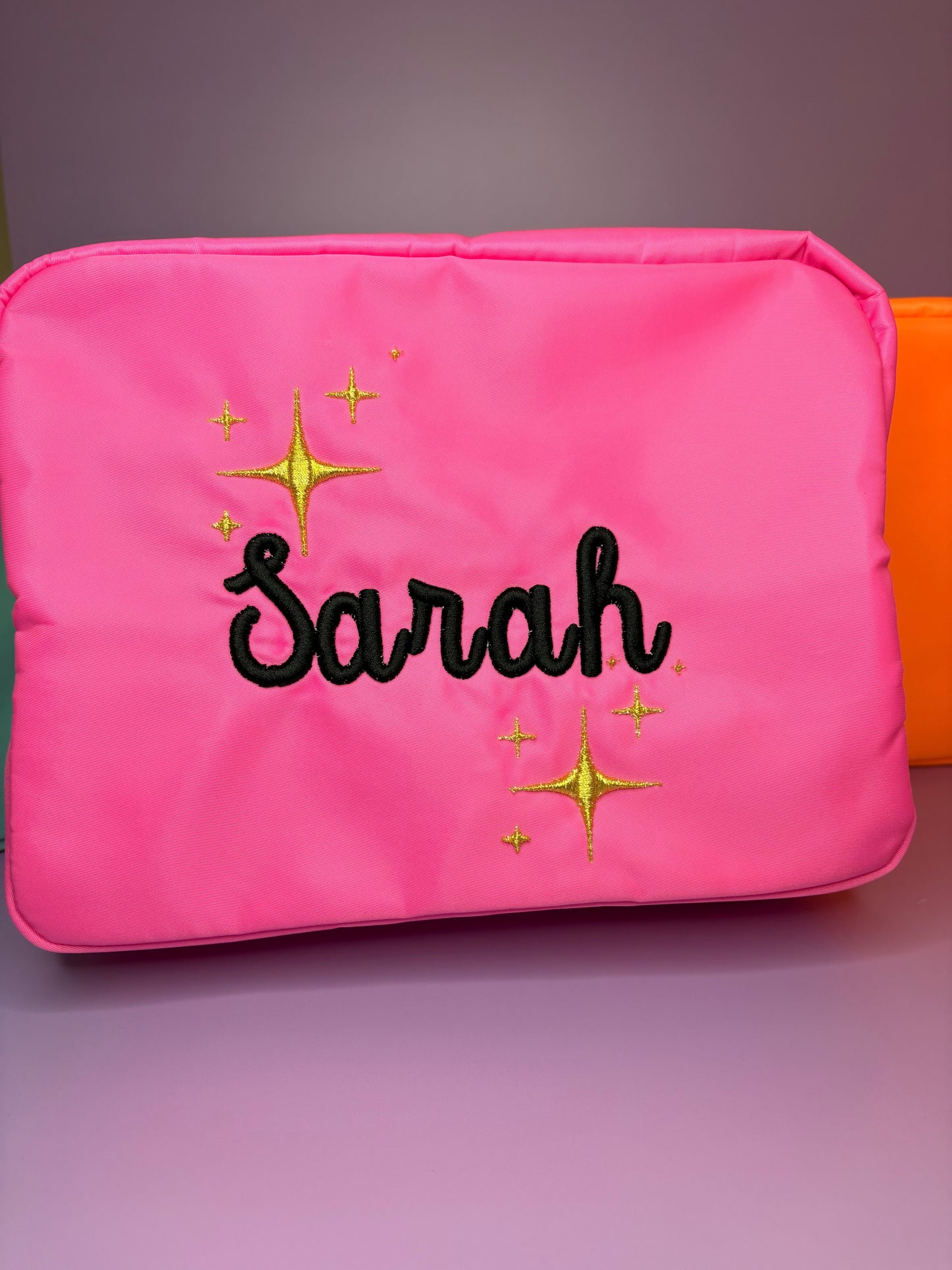 Personalised 3D puff embroidered large pink cosmetic bag with name Sarah and gold star designs