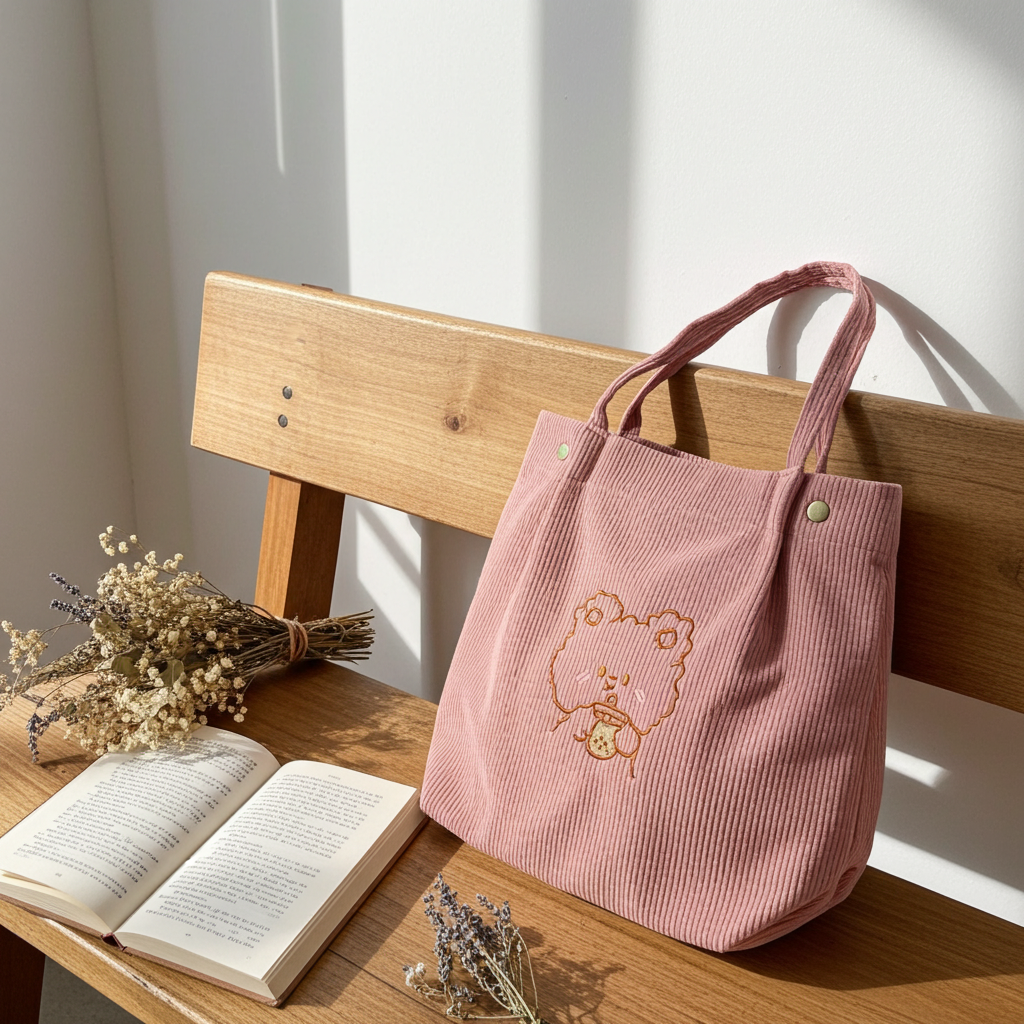 A bear and his boba kawaii style cute pink and white waterproof tote bag with embroidered bear design