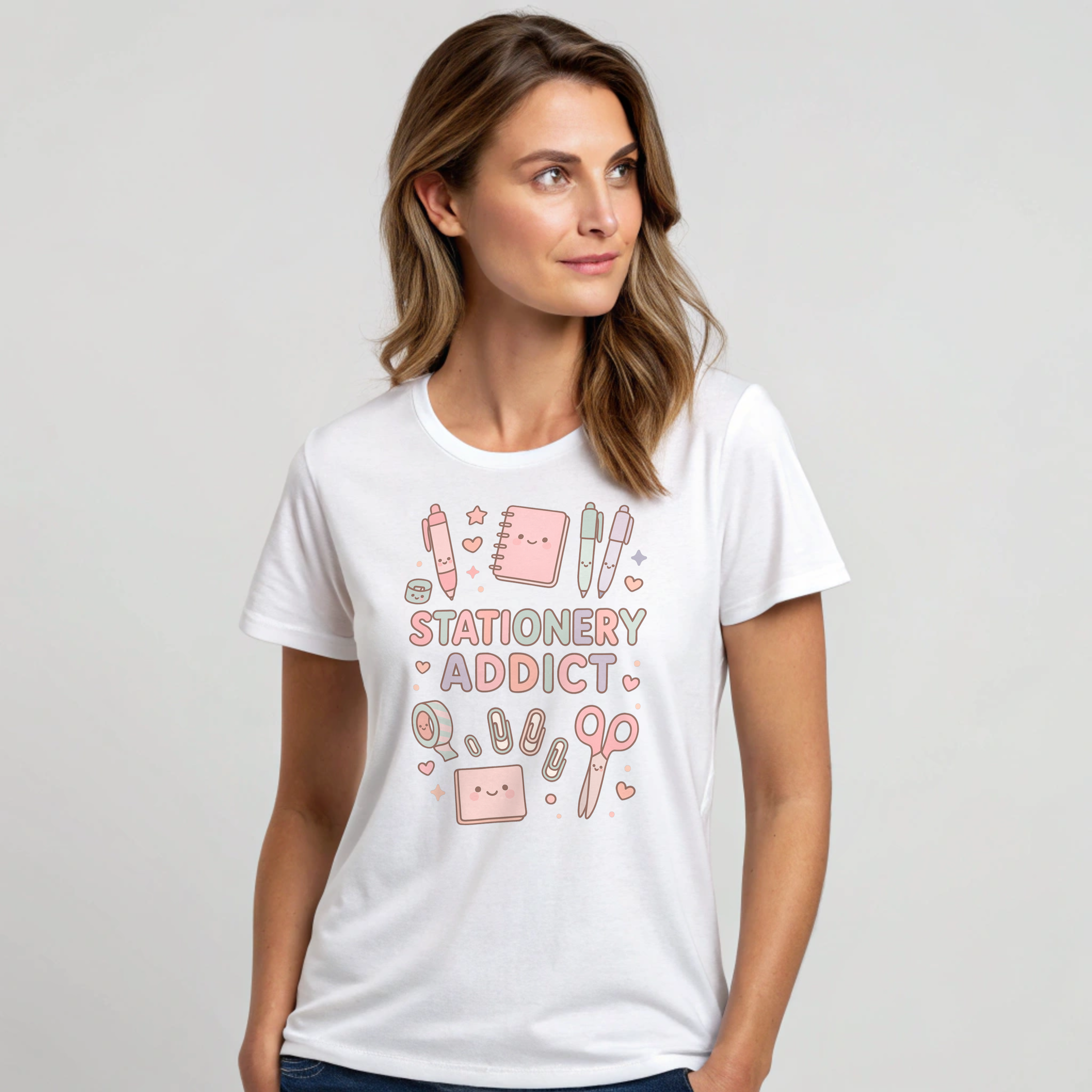 Kawaii Stationery Lover T-Shirt for women with cute graphics and playful design.