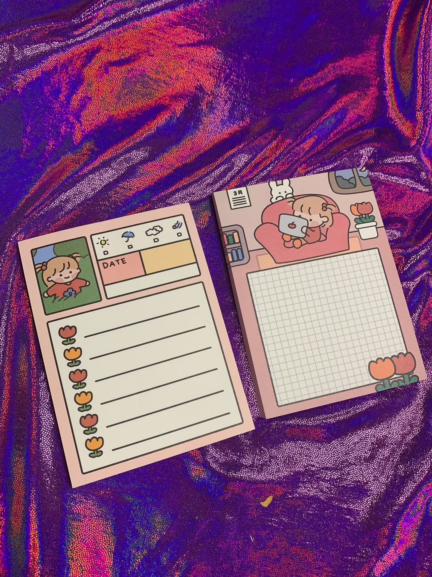 Kawaii to-do list desk pad notepads with tulip design, A6 size.