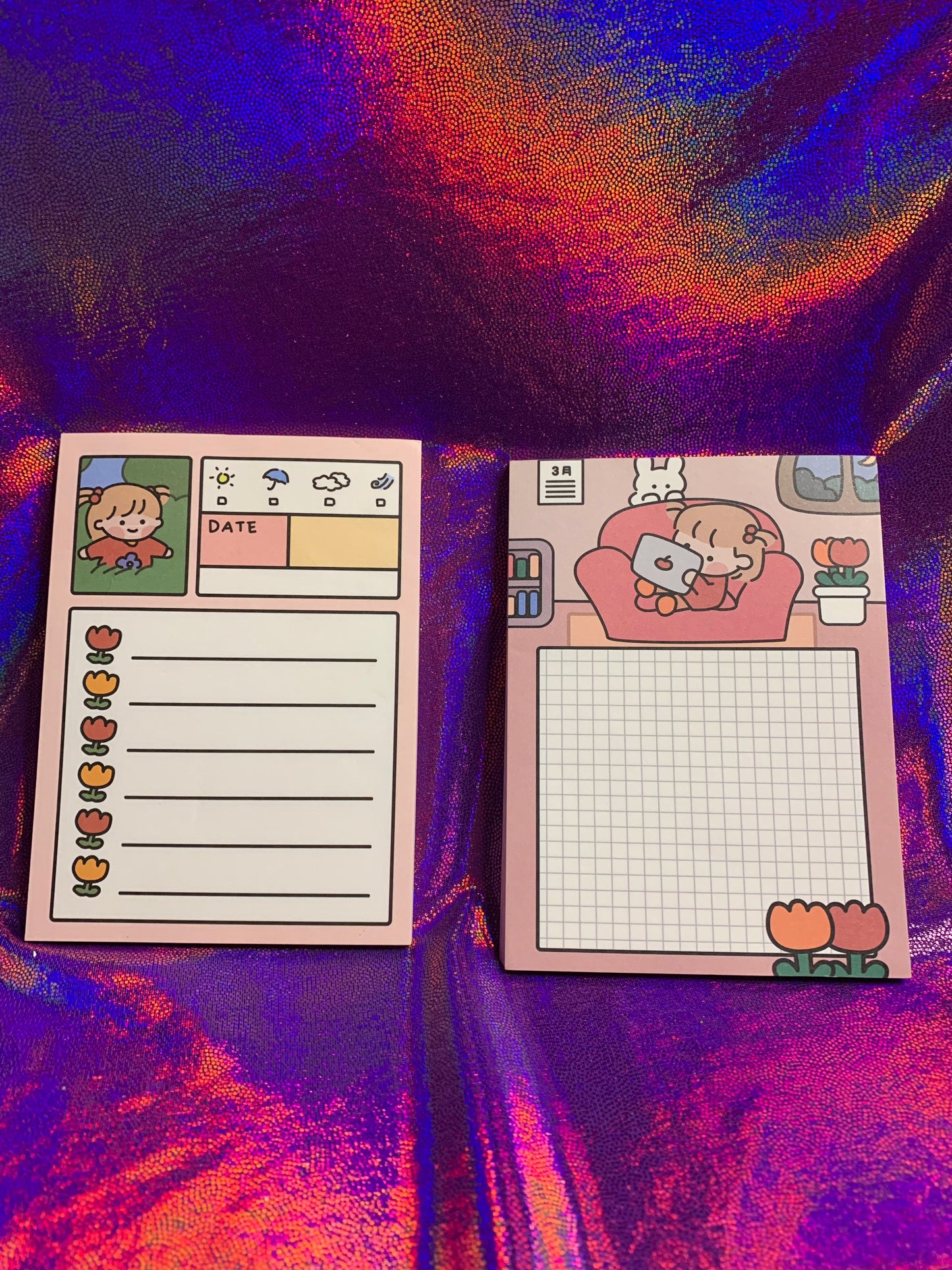 To-do’s and Tulips mini notepads A6 on colorful background, featuring cute designs and grid layout.