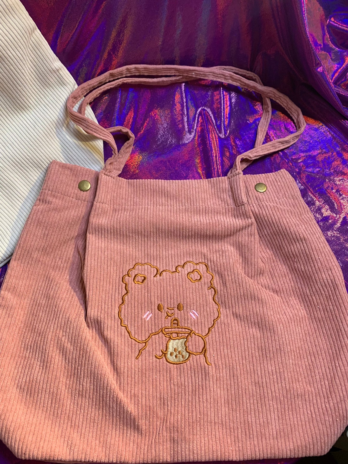 Kawaii style pink and white tote bag with embroidered bear and boba design, waterproof Corduroy material.