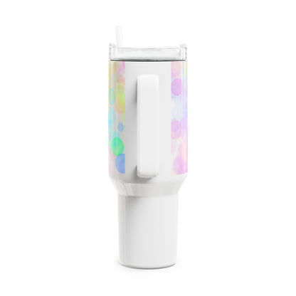 40oz tumbler with vibrant design for hot or cold drinks, featuring double-wall insulation and clear lid.