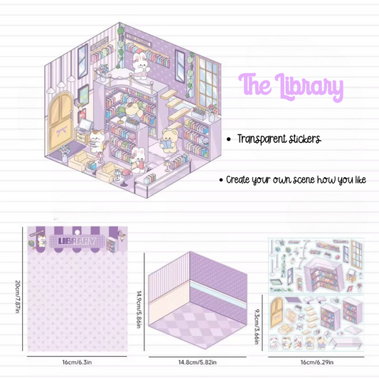 3D Sticker Scene Set - The Library theme with 3D background and coordinating stickers for creative scene building.