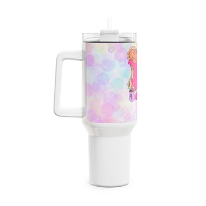 40oz tumbler with colorful design, perfect for keeping drinks hot or cold.