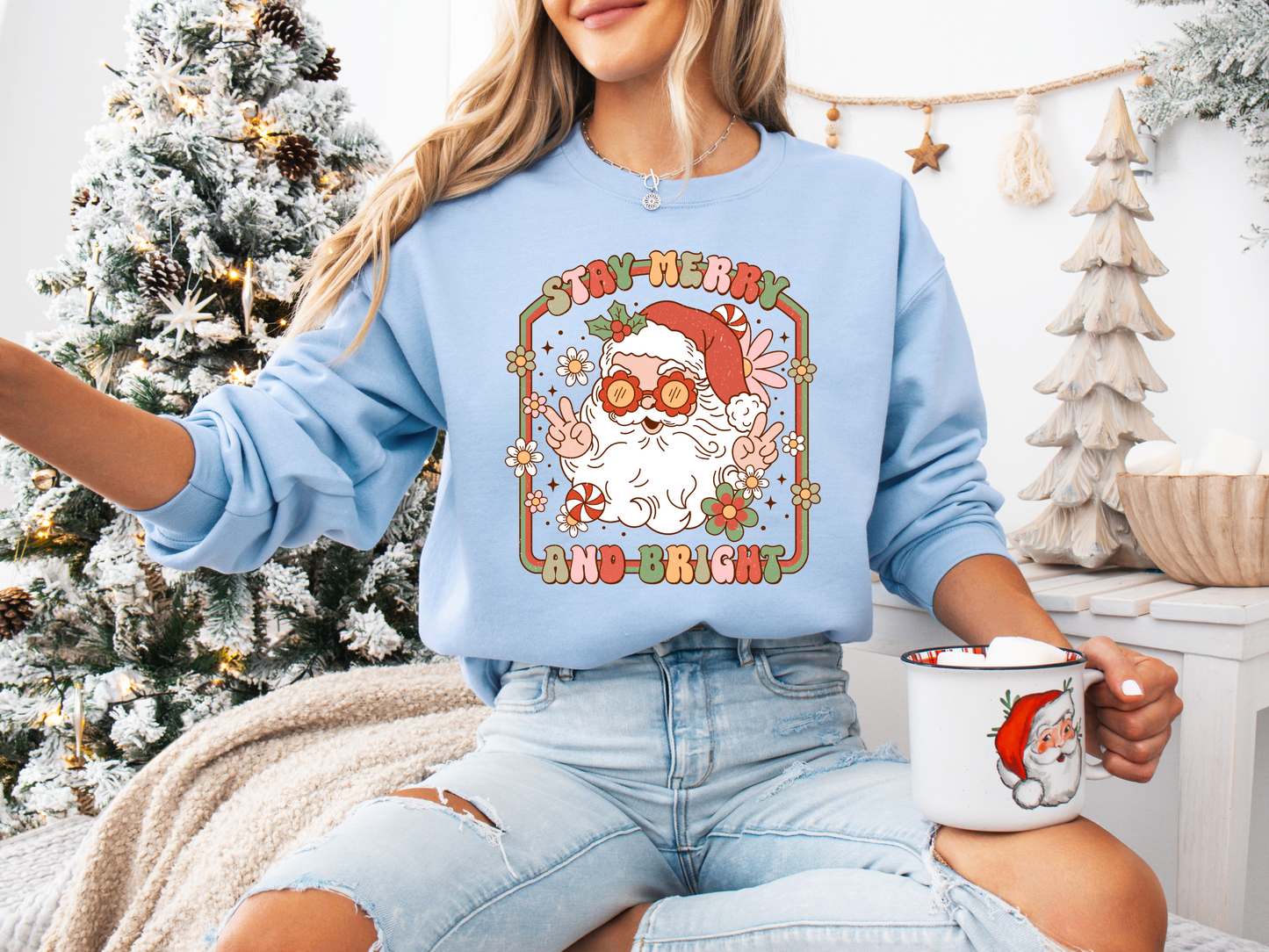 Christmas Santa Sweater, Funny Holiday Crewneck Sweatshirt, Stay Merry and Bright, Cozy Jumper, Unisex Pullover, Christmas Gift Idea