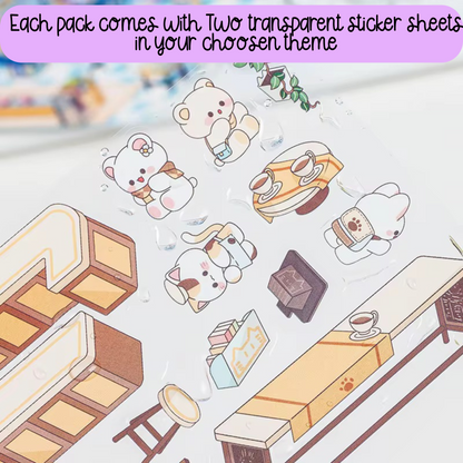 3D Sticker Scene Set with transparent sticker sheets featuring cute bears and furniture elements.
