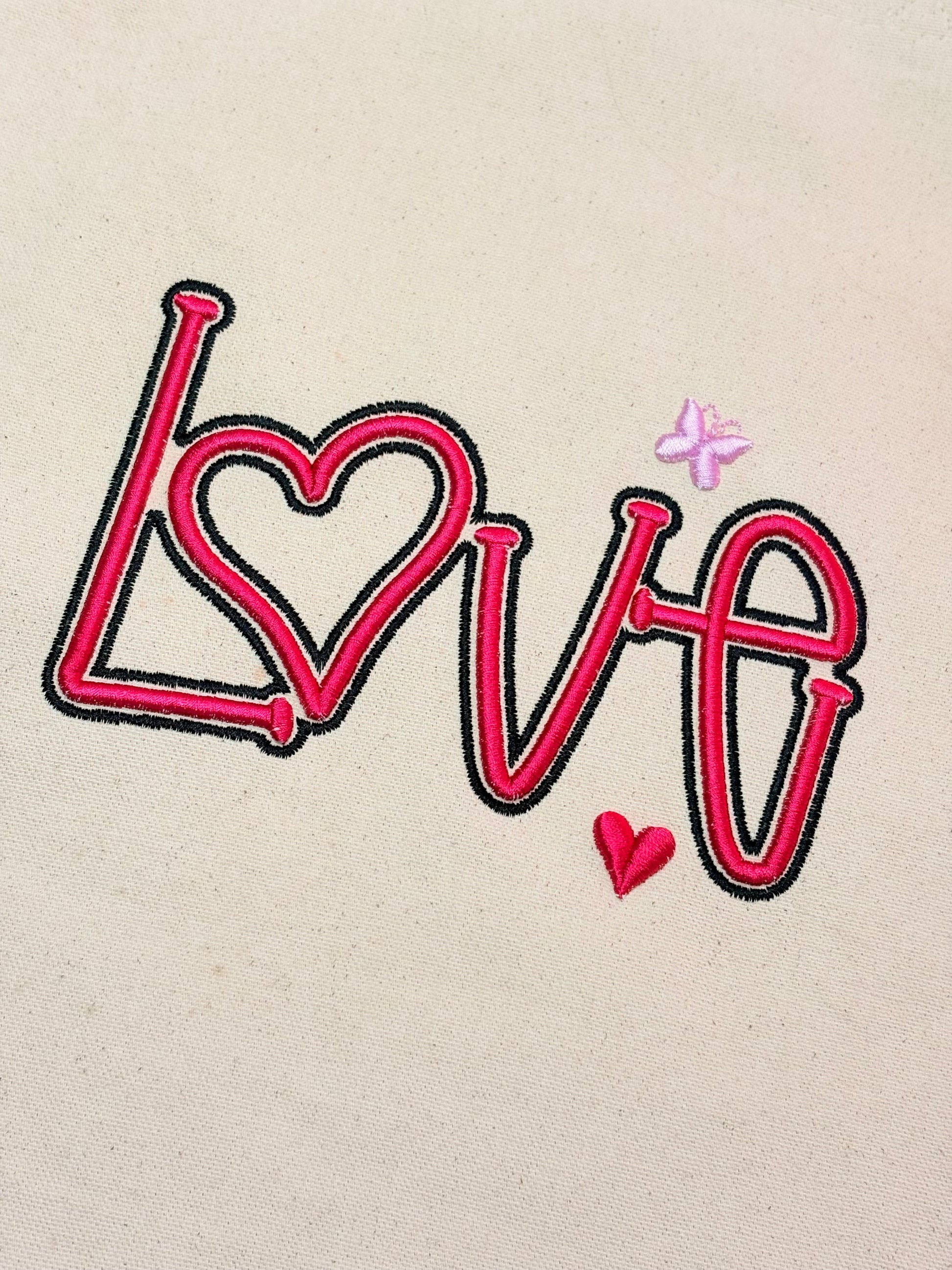 3D puff embroidered red LOVE text on heavy canvas tote bag