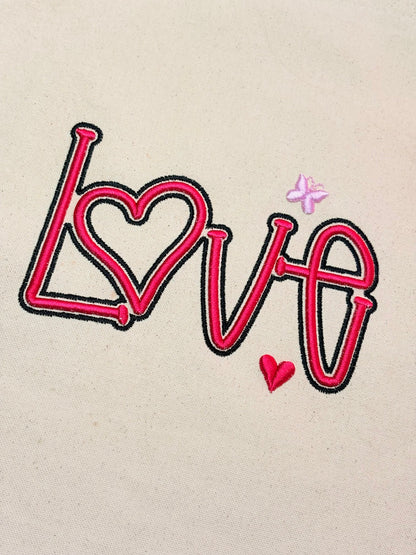 3D puff embroidered red LOVE text on heavy canvas tote bag