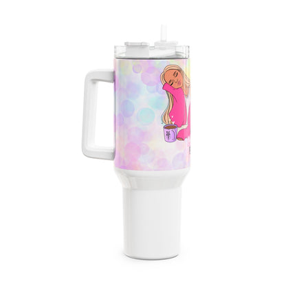 40oz hot or cold drinks tumbler with bright, colorful design and clear push-down lid.