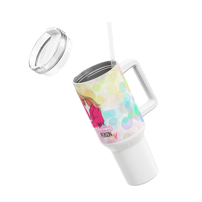 40oz hot or cold drinks tumbler with vibrant design and clear lid.