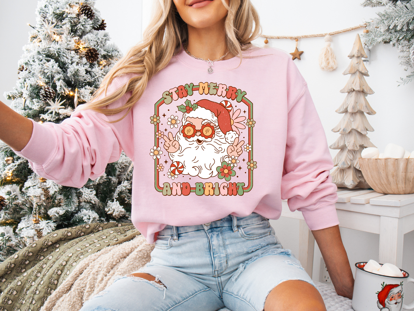 Christmas Santa Sweater, Funny Holiday Crewneck Sweatshirt, Stay Merry and Bright, Cozy Jumper, Unisex Pullover, Christmas Gift Idea