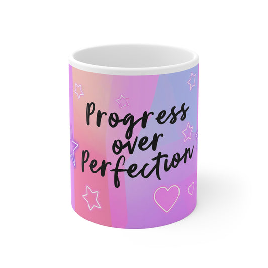 Progress Over Perfection Mug, Inspirational Quote, Coffee Lovers Gift, Tea Lovers Gift, White Ceramic Mug, 11oz