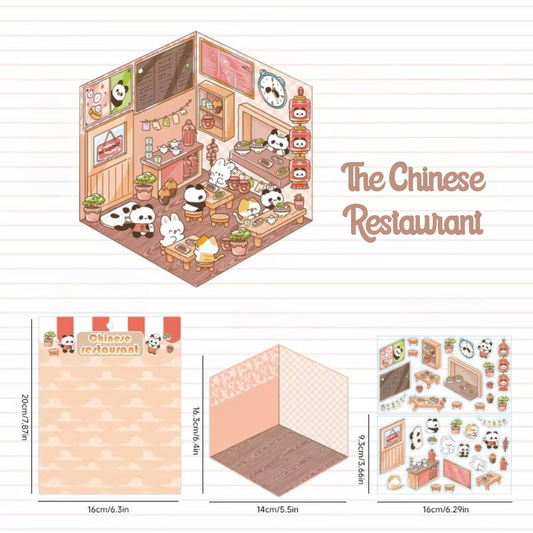 3D sticker scene set featuring a Chinese restaurant theme with interactive stickers and a fold-out background.