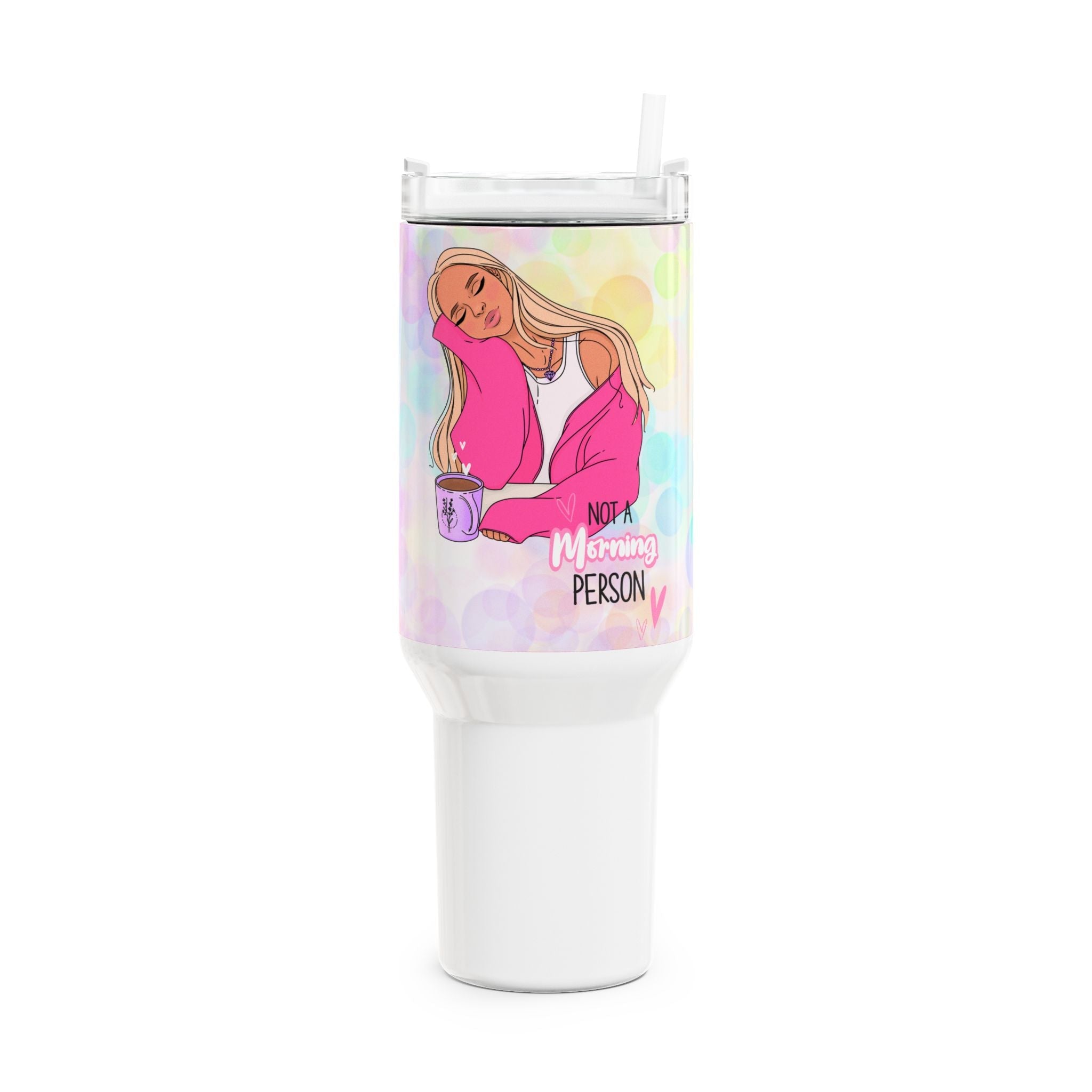 40oz hot or cold drinks tumbler with vibrant design and clear lid.