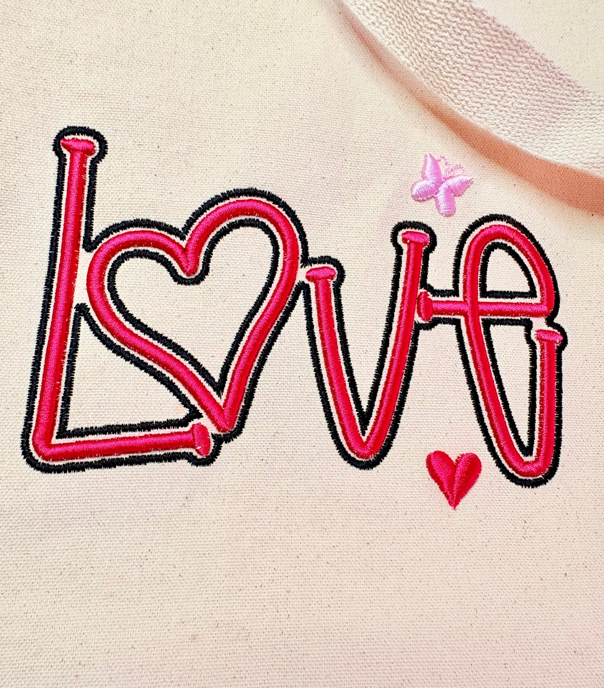 Heavy canvas tote bag with 3D puff embroidered LOVE design and long handles