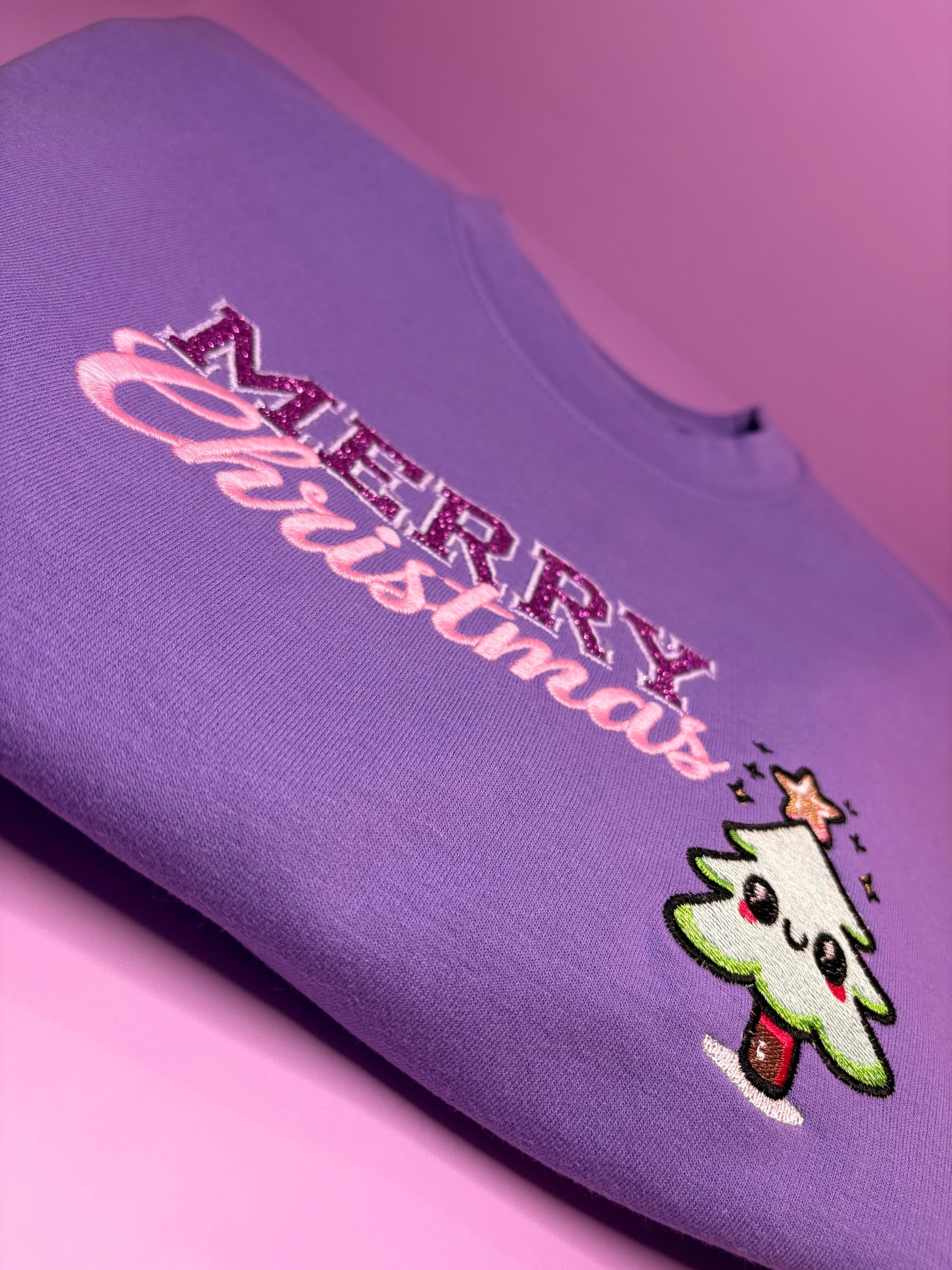 Glitter kawaii Merry Christmas jumper in lilac with festive design