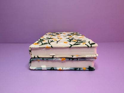 A6 handy notebook with embroidered daisy cover in cream and blue, 80 lined pages, portable and stylish stationery essential