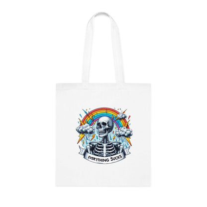 Funny cotton tote bag with skeleton design, rainbow, and 'everything sucks' quote.