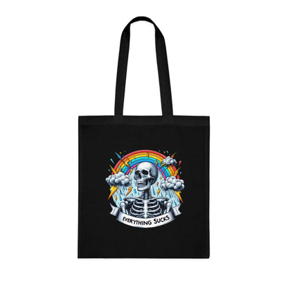 Funny cotton tote bag with 'everything sucks' quote, eco-friendly, reusable shopping accessory.