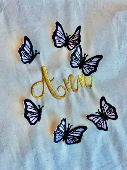 embroidered butterfly tote bag with personalized name in gold thread