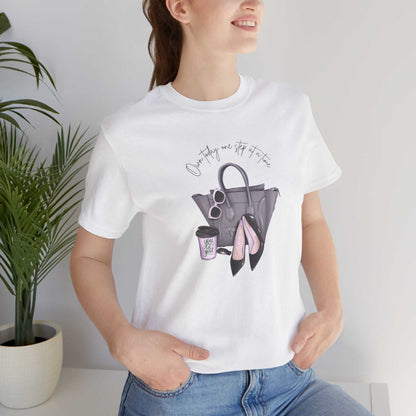 Custom women's T-shirt with handbag and high heels design, motivational quote, casual comfy fit.