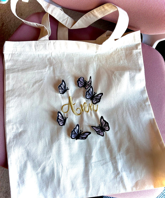 embroidery, tote bag, handbag, apparel, butterfly bag, personalised bag, gift for friends, gift for family, personalised gift, butterflies,