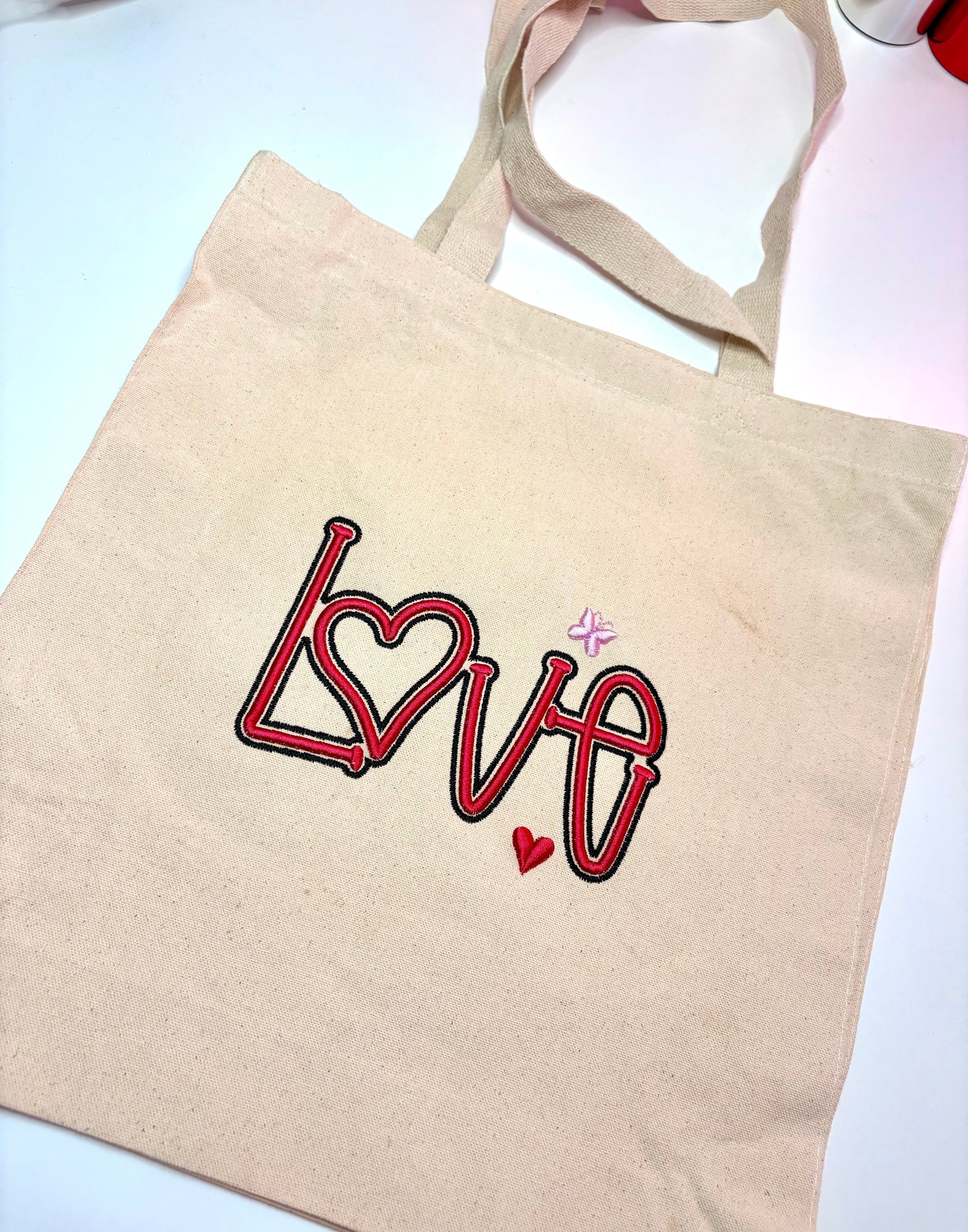 heavy canvas tote bag with 3D puff embroidered LOVE design and long handles