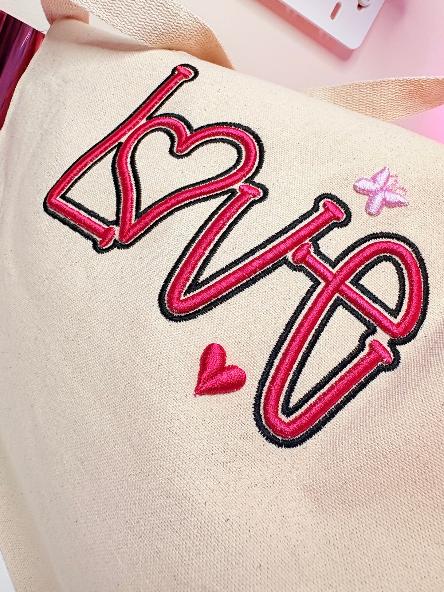 Heavy canvas tote bag with 3D puff embroidered LOVE design and long handles
