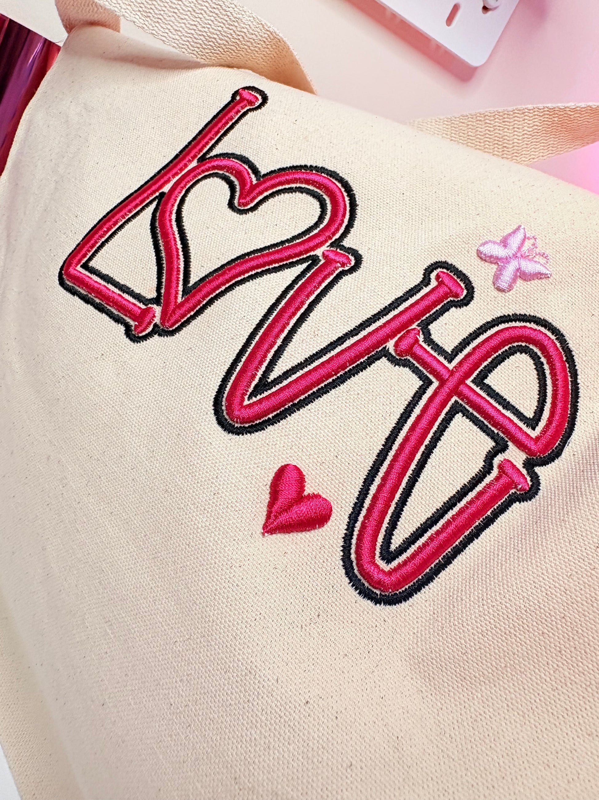 Heavy canvas tote bag with 3D puff embroidered LOVE design and long handles