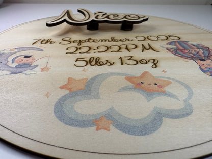 Personalised Baby Birth Announcement Plaque with 3D name, birth details, and cute star and cloud illustrations on eco-friendly basswood