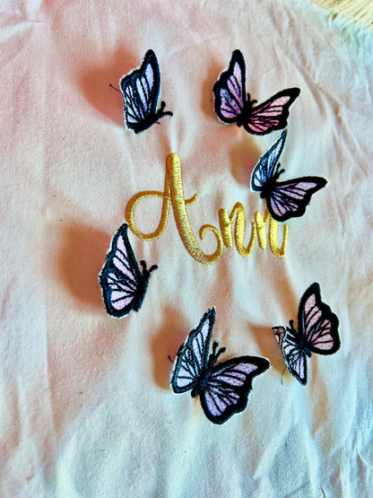 personalised embroidery tote bag with pastel butterflies and gold thread name