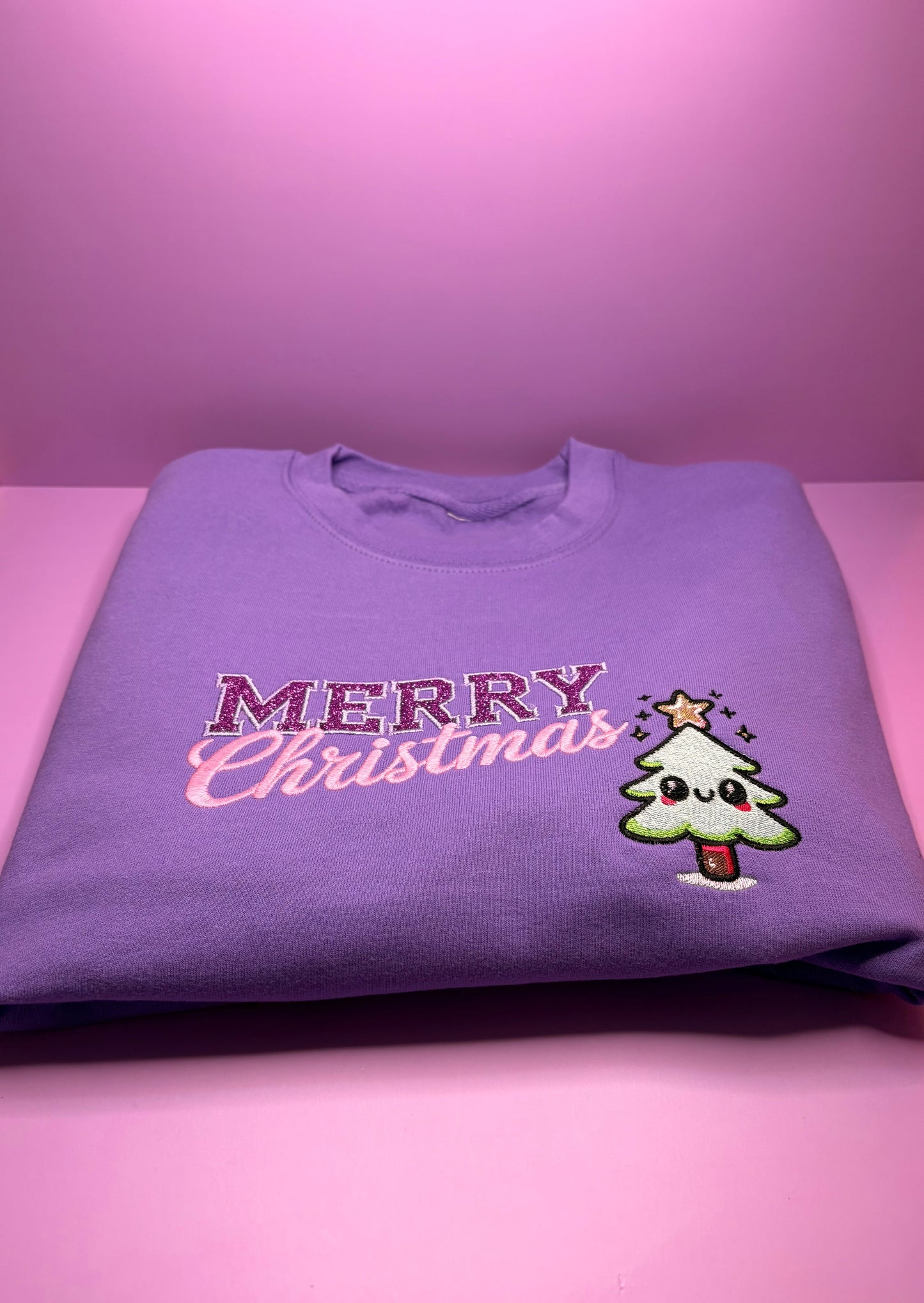 Glitter kawaii Merry Christmas jumper in lilac with cute Christmas tree design